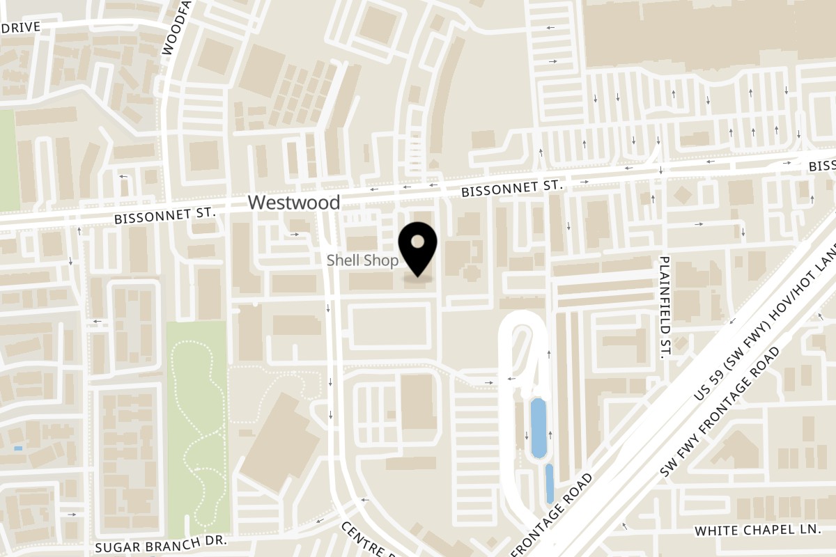 Map showing the location of Sarabell Calabar Restaurant on 9801 Bissonnet St Suite C in Houston